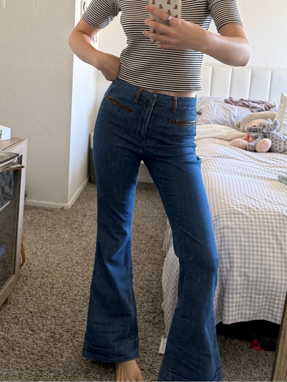 Forever 21 Dark Blue Flare Jeans with Brown Trim